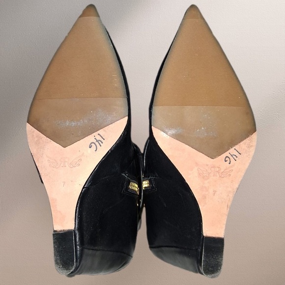 RACHEL Rachel Roy Black Leather Wedge Heel Boot Gold Accents Buckles Size 7 - Picture 9 of 14